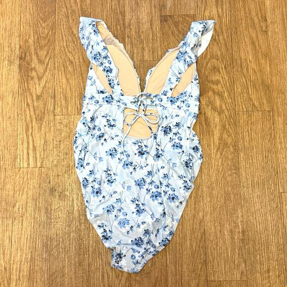 A Pea in the Pod Maternity Blue Floral Ruffle One-Piece Swimsuit Size Small - Picture 9 of 14